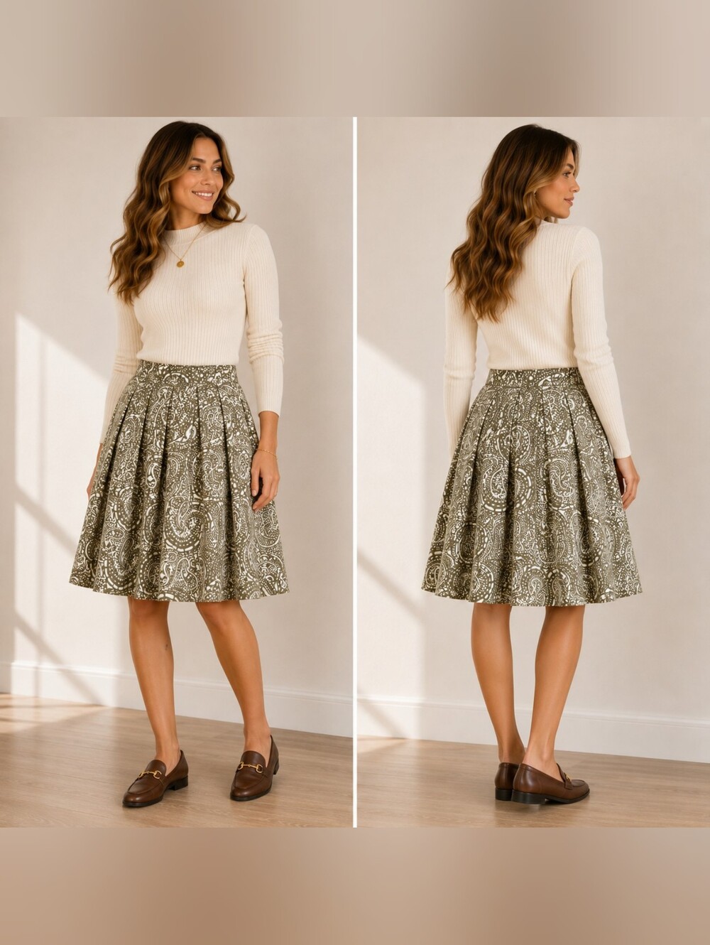 GAP Women’s Size 2 Olive Ivory Paisley Pleated Cotton A-Line Skirt Preppy Fall